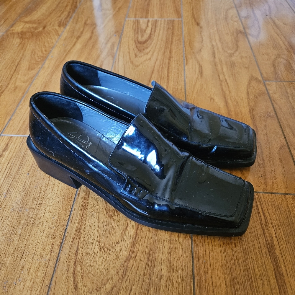 Black patent leather square toe loafers